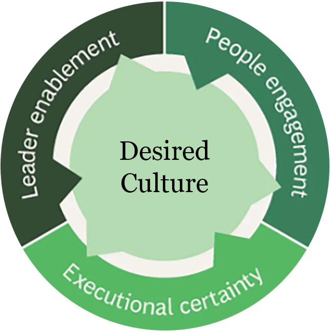 The How: desired culture, leader enablement, people engagement, executional certainty